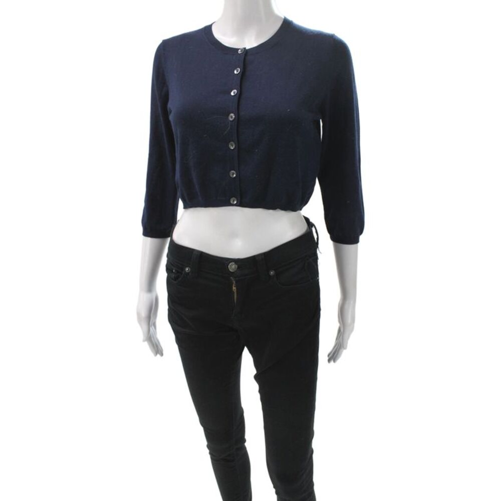 Parosh Womens Blue Silk Cardigan Crew Neck 3/4 Sleeve Size L